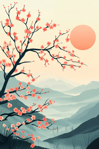 Japanese Sakura Bloom Landscape in Hiroshi Nagai Style