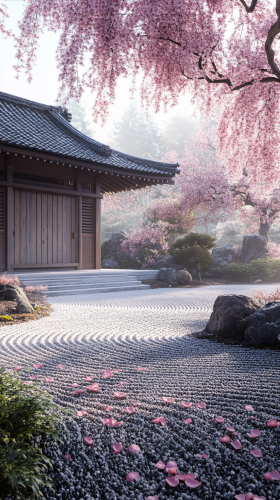 Japanese Temple Garden with Weeping Cherry Blossom Tree