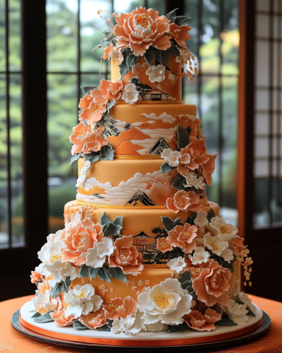 Japanese Wedding Cake with Kimono Designs in Grand Ballroom