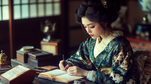 Japanese Woman Writing Story in Luxurious 19th Century Study