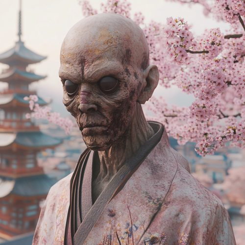 Japanese Yokai Cherry Blossom Fairy Edo Cityscape Portrait