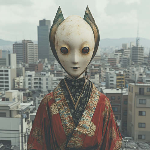 Japanese Yokai Giant Face Floating Edo Cityscape 4k