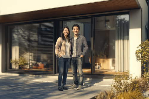 Japanese couple in front of newly built house