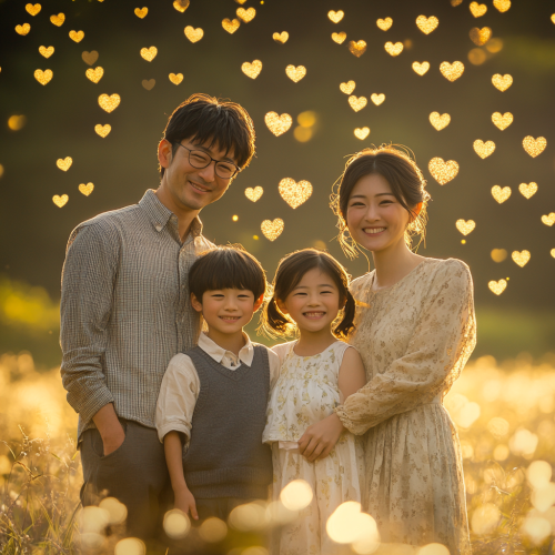 Japanese family portrait with hearts and heavenly light.
