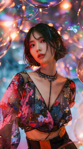 Japanese fashion model in luxury brand cosmos clothes pose.