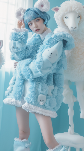 Japanese fashion model in sheep-inspired outfit, savannah background. Canon.