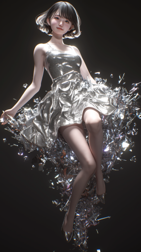 Japanese girl in metal dress, manga-style, full body shot.