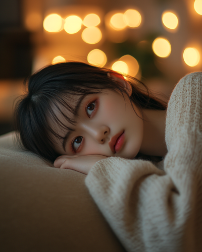 Japanese girl with clavicular-length hair lounging on beige sofa. Japanese girl with clavicular-length hair lounging on beige sofa.
