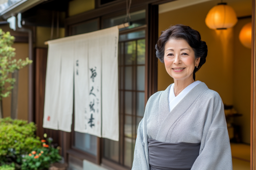 Japanese landlady in kimono smiling in front building