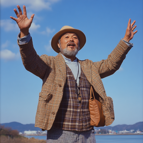 Japanese man in brown outfit walking by riverbank