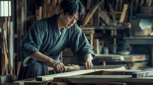 Japanese man in traditional clothing sawing lumber