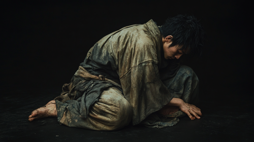 Japanese man resting in traditional clothes, Henri style