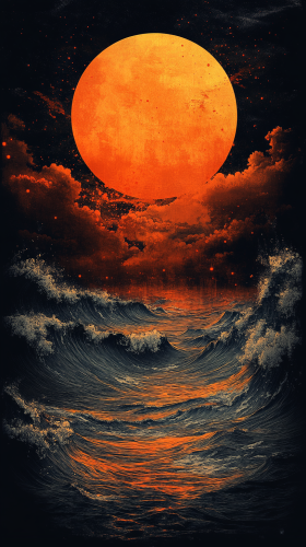 Japanese-style Ocean Waves under Moonlit Sky