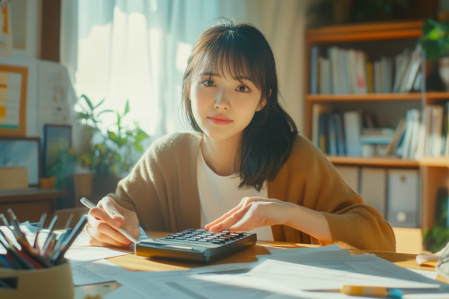 Japanese woman, 30, smiles, budgets with calculator
