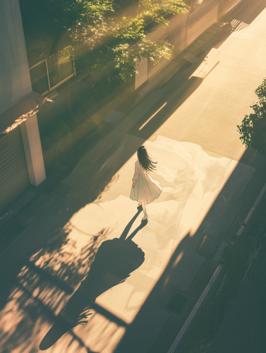 Japanese woman in white dress walks through sunlit alley.