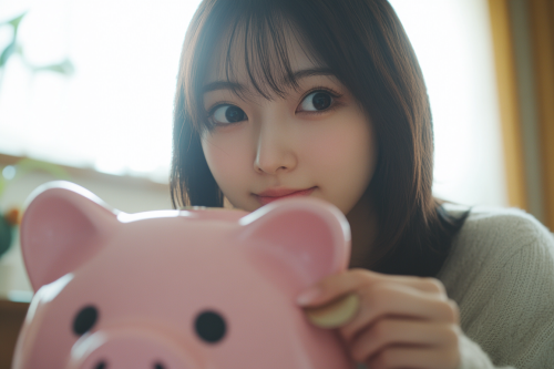 Japanese woman saving money in piggy bank