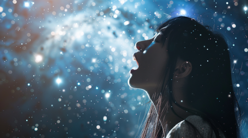 Japanese woman shouting to heavens, with long black hair.