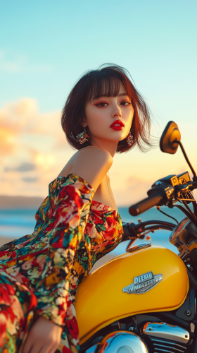 Japanese woman with bob haircut on Harley-Davidson