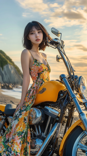 Japanese woman with bob haircut poses near yellow Harley-Davidson