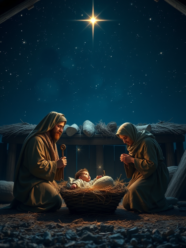 Jesus' Birth Under Starlit Night in Detailed Stable