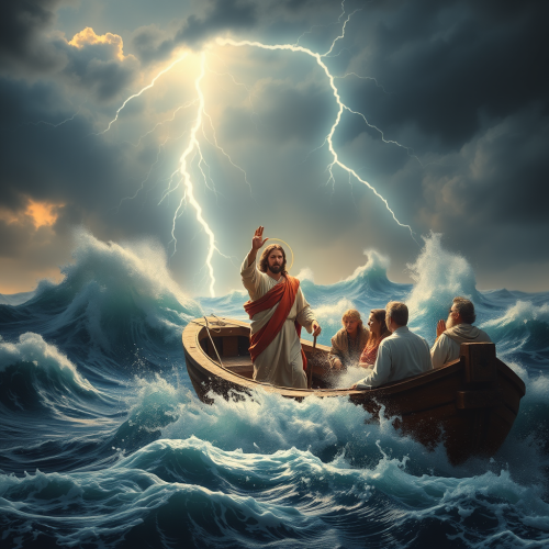 Jesus Calms Storm while Disciples Fear in Boat Jesus Calms Storm while Disciples Fear in Boat