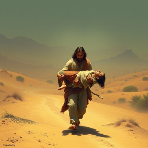 Jesus Carrying Injured Man in Desert Oasis