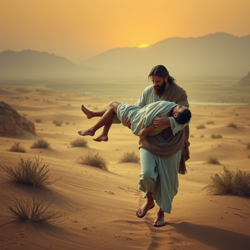 Jesus Carrying Injured Man in a Desert Oasis