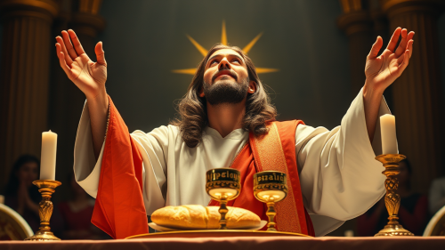 Jesus Celebrating Holy Mass with Bread and Chalice