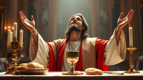 Jesus Celebrating Holy Mass with Bread and Chalice
