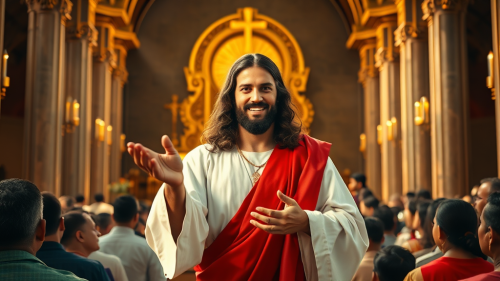 Jesus Christ Smiling in Chapel Altar Crowd
