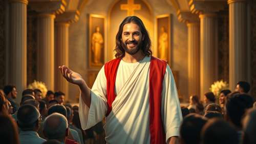 Jesus Christ in Chapel, Hands Open, Compassionate Smile.
