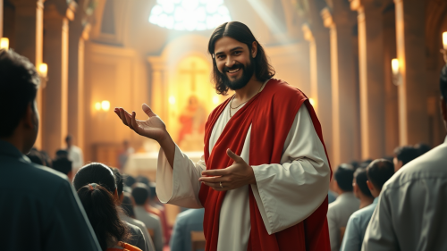 Jesus Christ in Chapel, spreading love to crowd.