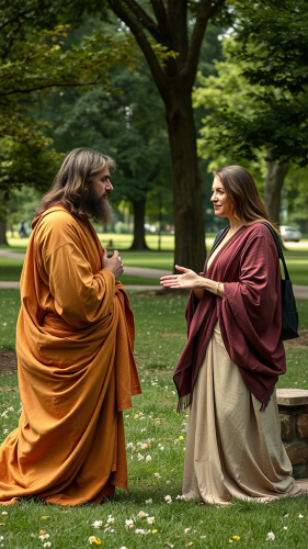 Jesus Speaking with Modern Woman in a Park