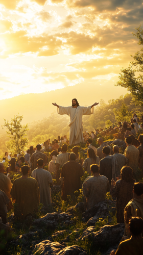 Jesus blessing a crowd at golden hour in cinema.