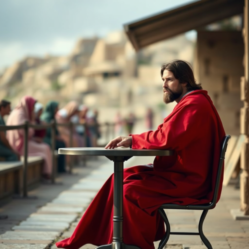 Jesus sitting at table with blurred background.