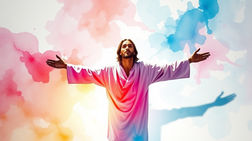 Jesus with Cross Shadow and Watercolor Spills