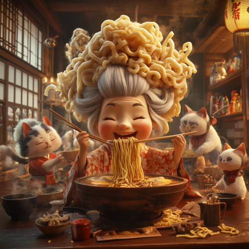 Joyful Japanese Lady with Noodle Hair Enjoying Ramen