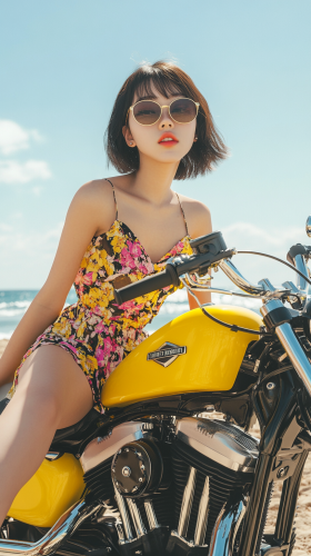 Joyful Japanese woman on Harley by beach