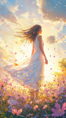 Joyful Woman in Flower Field under Sunlight