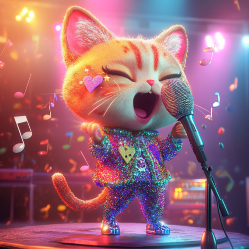 Joyful chibi cat sings playful, funny performance in sparkly colorful outfit.