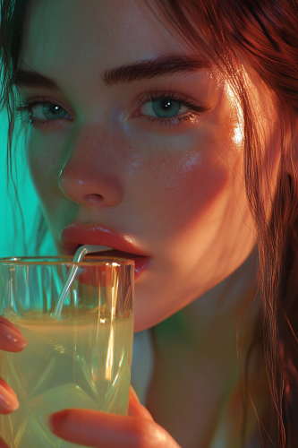 Joyful woman drinking e44691-colored drink in natural light