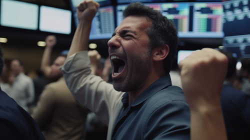 Day trader jubilantly celebrating stock gains