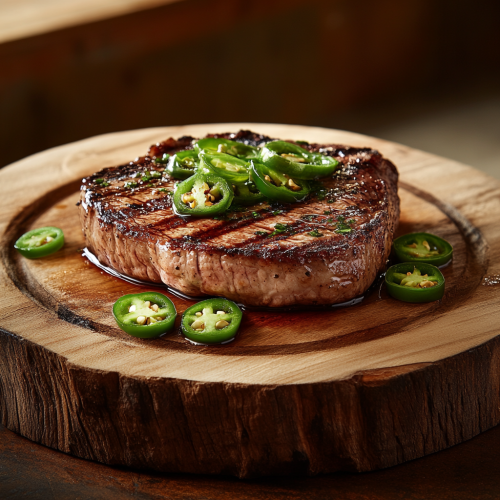 Juicy Steak with Grilled Jalapeños on Wooden Platter