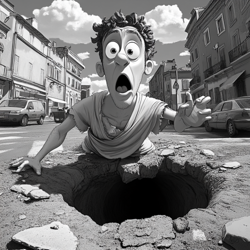 Julius Caesar in toga, stuck in pothole