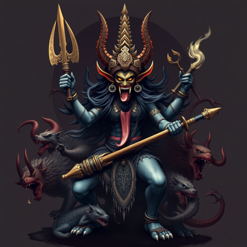 Kali-Ma Holding Weapons Among Mythical Beasts