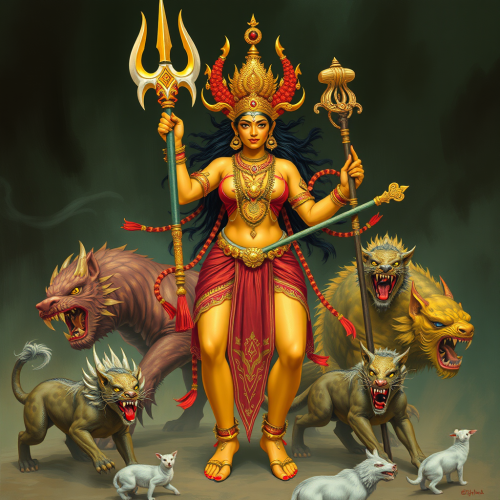 Kali-Ma with Weapons Among Indian Mythical Beasts