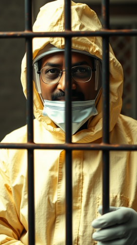 Kejriwal in a hazmat suit in jail cell.