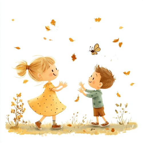 Kids Talking to Wind Cartoony Characters Watercolor