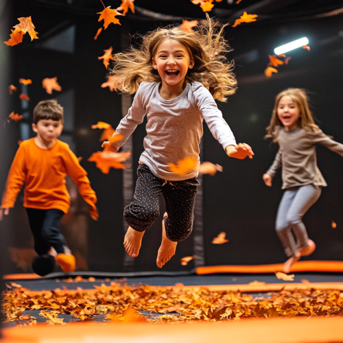 Kids and families having fun in trampoline park.