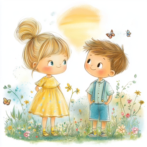 Kids in Garden Sunset Cartoon Characters